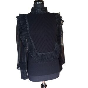 Alberto Makali Black Lace Victorian Blouse M Sheer Puff Sleeve Gothic Romantic
